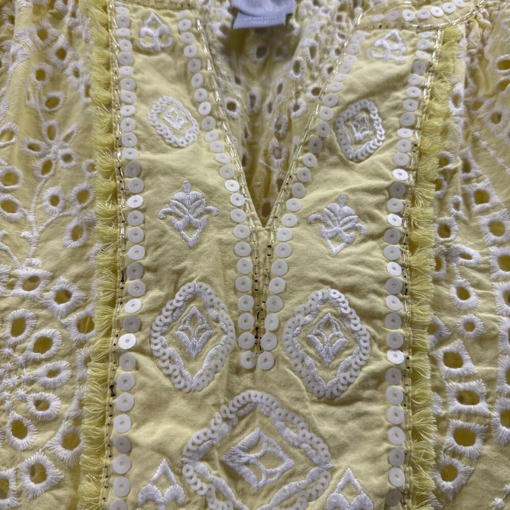 Chicos Womens Top Large Yellow White Eyelet 3/4 Puff Sleeves Popover V Neck Boho - Picture 4 of 9